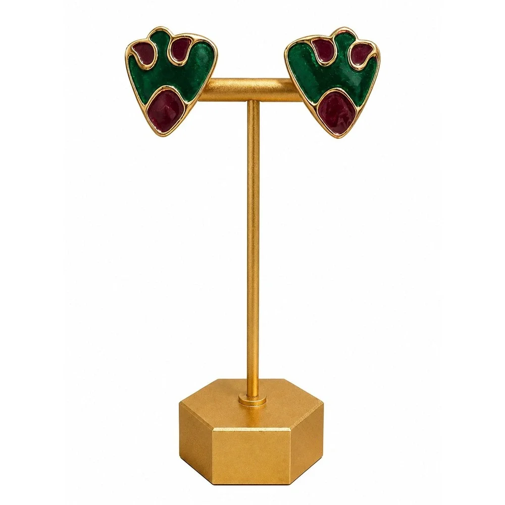 Vintage 1980s Green Burgundy Enamel Abstract Statement Clip-On Earrings